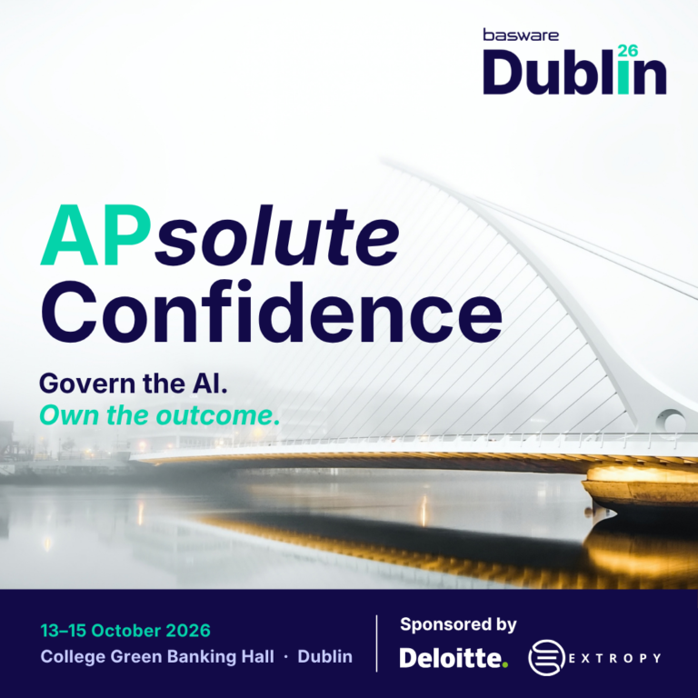 Basware Dublin 2026 customer event graphic, sponsored by Deloitte and Extropy